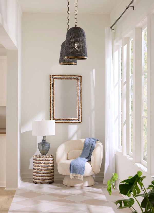 Jamie Young Co. Boa Hand-Etched Indigo Glass Table Lamp With Mercury Finish, Linen Drum Shade, Acrylic Base (18.5") 9BOATLINEG