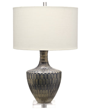 Jamie Young Co. Boa Hand-Etched Indigo Glass Table Lamp With Mercury Finish, Linen Drum Shade, Acrylic Base (18.5") 9BOATLINEG