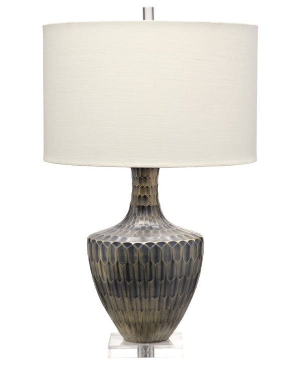 Jamie Young Co. Boa Hand-Etched Indigo Glass Table Lamp With Mercury Finish, Linen Drum Shade, Acrylic Base (18.5") 9BOATLINEG