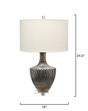 Jamie Young Co. Boa Hand-Etched Indigo Glass Table Lamp With Mercury Finish, Linen Drum Shade, Acrylic Base (18.5") 9BOATLINEG