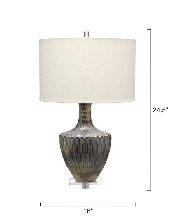 Jamie Young Co. Boa Hand-Etched Indigo Glass Table Lamp With Mercury Finish, Linen Drum Shade, Acrylic Base (18.5") 9BOATLINEG