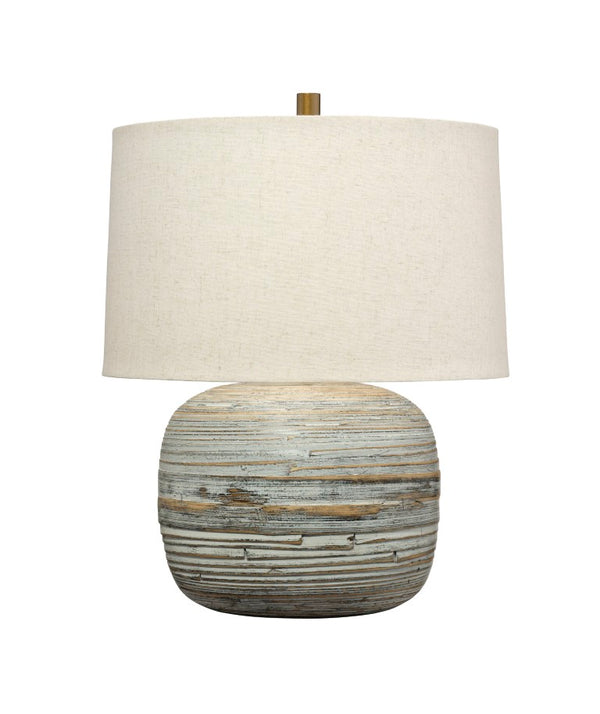 Jamie Young Co. Cocoon Handcrafted White Washed Bamboo Table Lamp With Linen Drum Shade, Brass Accents, Rustic Chic 9COCOONTLWH