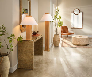 Jamie Young Co. Craftsman Hand-Carved Oak Floor Lamp With Linen Cone Shade, Brass Base, Warm Modern Accent 9CRAFTSFLNA