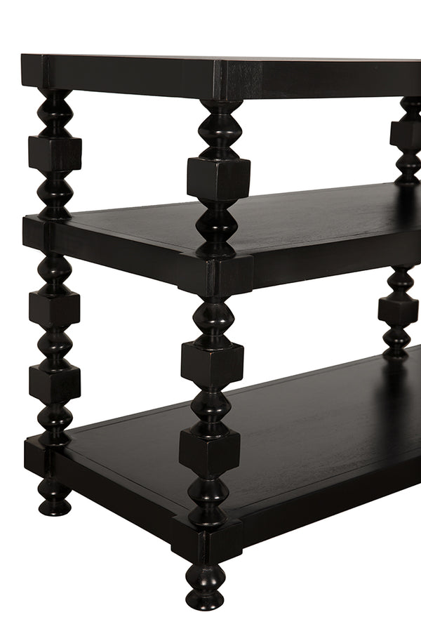Maurice Three Tier Console Table with Spindle Legs and Hand Rubbed Mahogany Veneer Finish