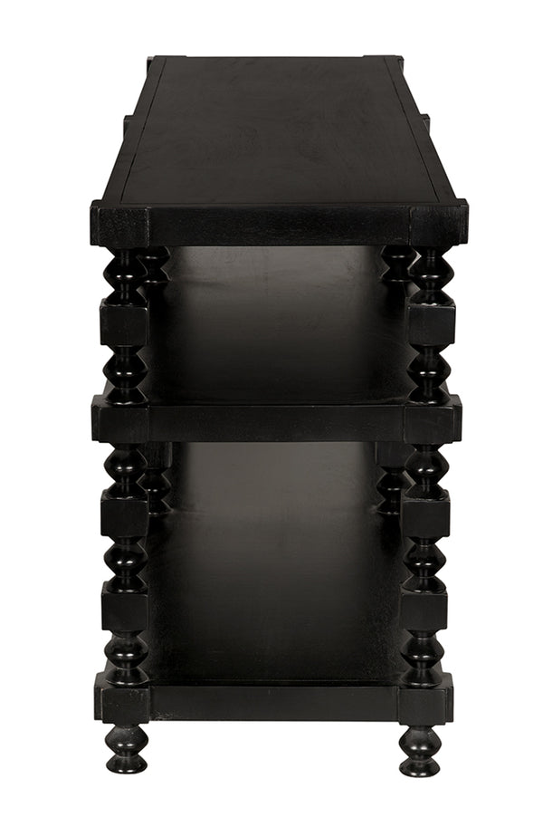 Maurice Three Tier Console Table with Spindle Legs and Hand Rubbed Mahogany Veneer Finish