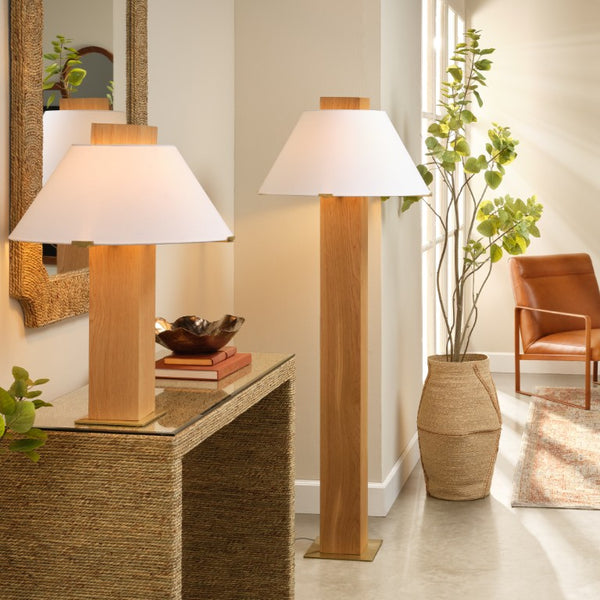 Jamie Young Co. Craftsman Hand-Carved Oak Floor Lamp With Linen Cone Shade, Brass Base, Warm Modern Accent 9CRAFTSFLNA
