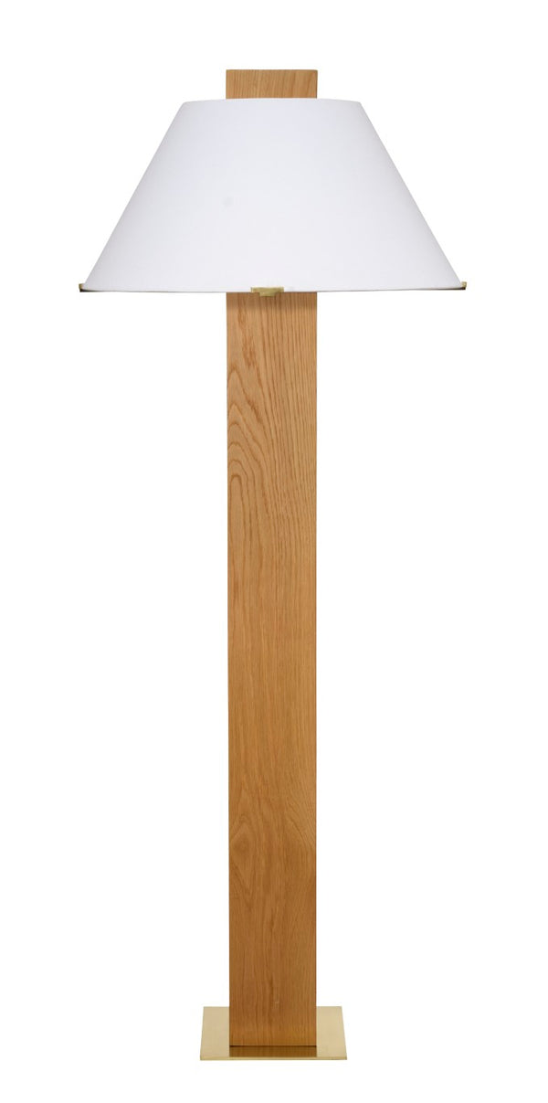 Jamie Young Co. Craftsman Hand-Carved Oak Floor Lamp With Linen Cone Shade, Brass Base, Warm Modern Accent 9CRAFTSFLNA