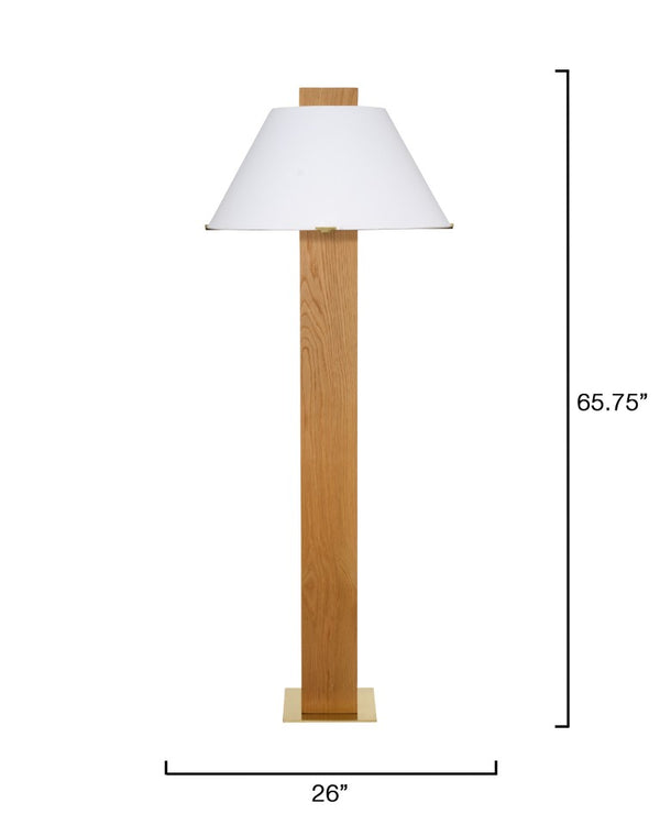 Jamie Young Co. Craftsman Hand-Carved Oak Floor Lamp With Linen Cone Shade, Brass Base, Warm Modern Accent 9CRAFTSFLNA