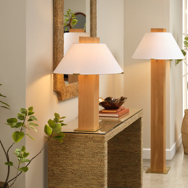 Jamie Young Co. Craftsman Veneer Table Lamp With Hand-Carved Oak Base, Brass Accents & White Linen Cone Shade, Dimmable 9CRAFTSTLNA