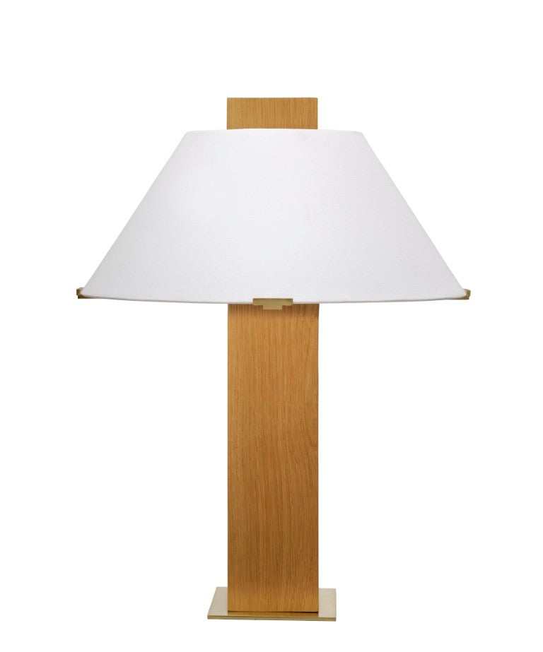 Jamie Young Co. Craftsman Veneer Table Lamp With Hand-Carved Oak Base, Brass Accents & White Linen Cone Shade, Dimmable 9CRAFTSTLNA