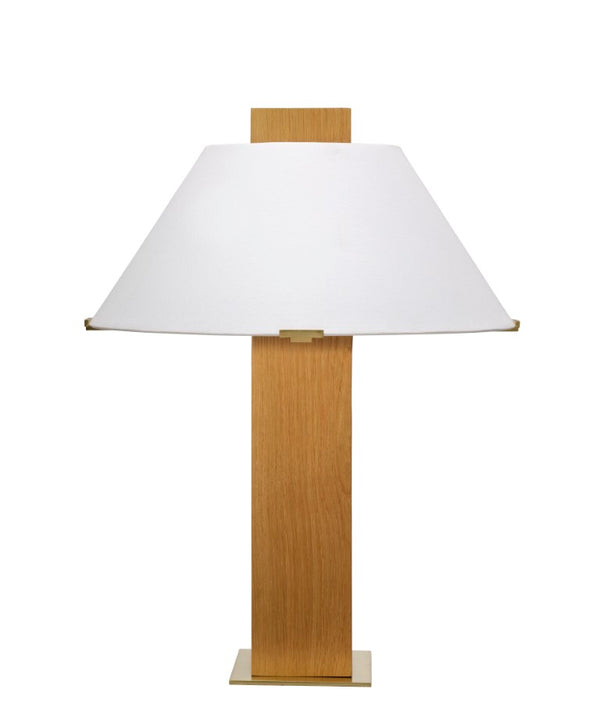 Jamie Young Co. Craftsman Veneer Table Lamp With Hand-Carved Oak Base, Brass Accents & White Linen Cone Shade, Dimmable 9CRAFTSTLNA