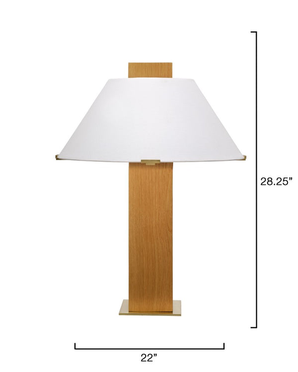 Jamie Young Co. Craftsman Veneer Table Lamp With Hand-Carved Oak Base, Brass Accents & White Linen Cone Shade, Dimmable 9CRAFTSTLNA