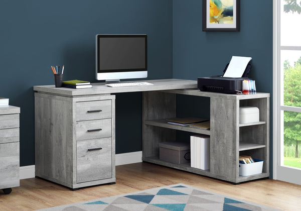 Monarch Specialties Computer L-Shaped Corner Desk With Reclaimed Wood-Look Laminate, Reversible Setup & Storage Drawers GREY I 7421