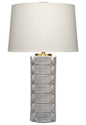 Jamie Young Co. Wright Handcrafted Ceramic Table Lamp In Light Blue Reactive Glaze With Linen Shade & Brass Accents 9WRIGHTTLBL