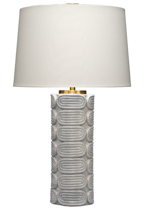 Jamie Young Co. Wright Handcrafted Ceramic Table Lamp In Light Blue Reactive Glaze With Linen Shade & Brass Accents 9WRIGHTTLBL
