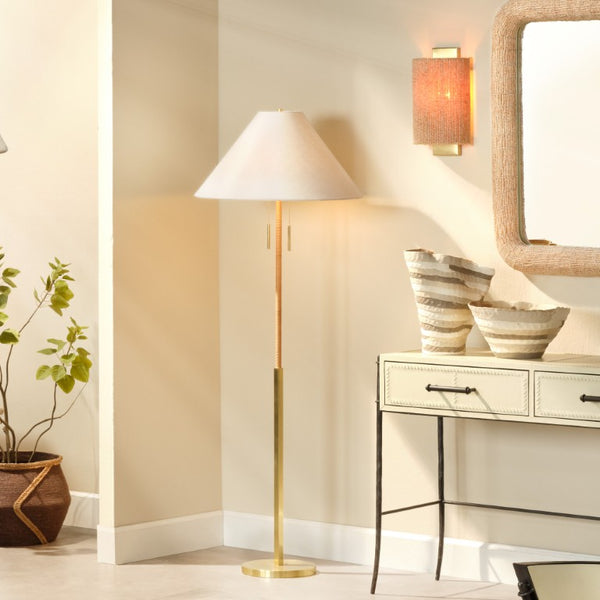 Jamie Young Co. Harrison Rattan Floor Lamp With Brass Base And White Ramie Shade, Hand-Wrapped Natural Texture, 48.75" 9HARRISFLNA