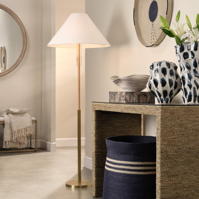 Jamie Young Co. Harrison Rattan Floor Lamp With Brass Base And White Ramie Shade, Hand-Wrapped Natural Texture, 48.75" 9HARRISFLNA