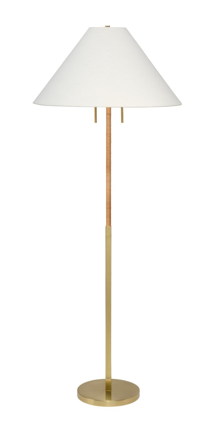 Jamie Young Co. Harrison Rattan Floor Lamp With Brass Base And White Ramie Shade, Hand-Wrapped Natural Texture, 48.75" 9HARRISFLNA