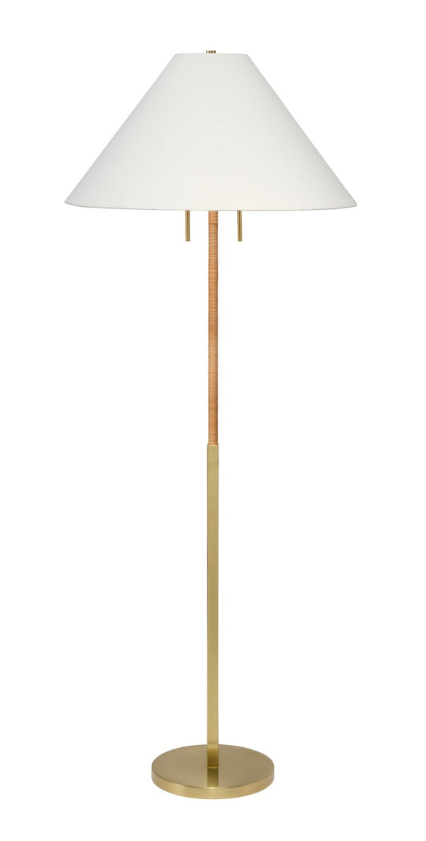 Jamie Young Co. Harrison Rattan Floor Lamp With Brass Base And White Ramie Shade, Hand-Wrapped Natural Texture, 48.75" 9HARRISFLNA