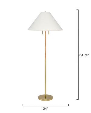 Jamie Young Co. Harrison Rattan Floor Lamp With Brass Base And White Ramie Shade, Hand-Wrapped Natural Texture, 48.75" 9HARRISFLNA