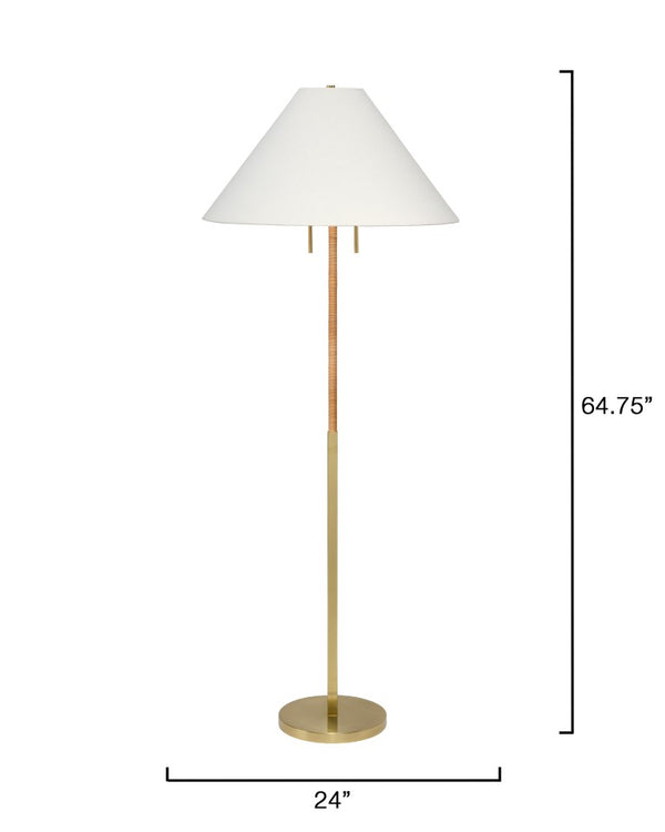 Jamie Young Co. Harrison Rattan Floor Lamp With Brass Base And White Ramie Shade, Hand-Wrapped Natural Texture, 48.75" 9HARRISFLNA