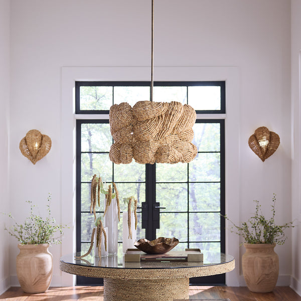 Jamie Young Co. Anguilla Natural Mango Wood Beaded Wall Sconce With Antique Brass Backplate, Handcrafted Coastal Flair 16.5"H x 14.5"W x 6.5"D 4ANGU-SCNA