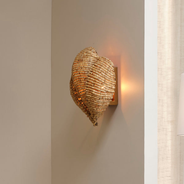Jamie Young Co. Anguilla Natural Mango Wood Beaded Wall Sconce With Antique Brass Backplate, Handcrafted Coastal Flair 16.5"H x 14.5"W x 6.5"D 4ANGU-SCNA