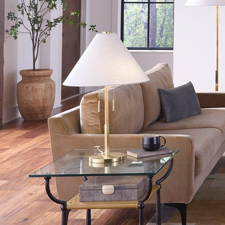 Jamie Young Co. Harrison Rattan Table Lamp With Brushed Brass Base, White Ramie Shade, Handcrafted Tropical Style, Dimmable 9HARRISTLNA