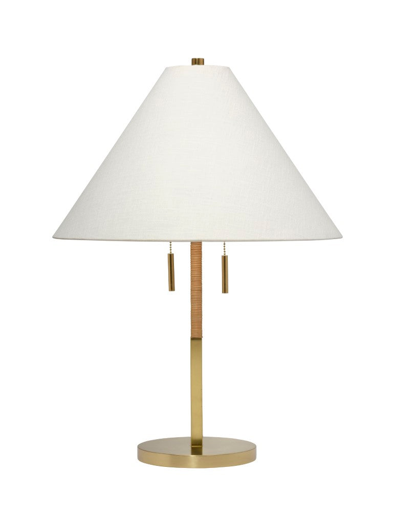 Jamie Young Co. Harrison Rattan Table Lamp With Brushed Brass Base, White Ramie Shade, Handcrafted Tropical Style, Dimmable 9HARRISTLNA