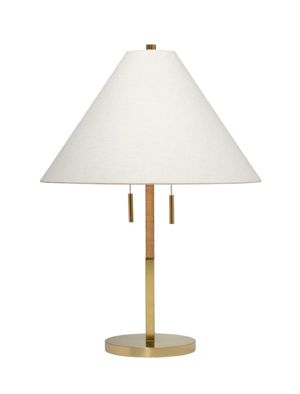 Jamie Young Co. Harrison Rattan Table Lamp With Brushed Brass Base, White Ramie Shade, Handcrafted Tropical Style, Dimmable 9HARRISTLNA