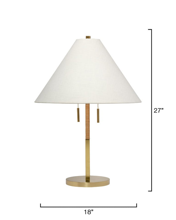 Jamie Young Co. Harrison Rattan Table Lamp With Brushed Brass Base, White Ramie Shade, Handcrafted Tropical Style, Dimmable 9HARRISTLNA