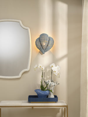 Jamie Young Co. Anguilla Handcrafted Blue Mango-Wood Bead Wall Sconce With Antique Brass Backplate, Coastal Glow 16.5"H x 14.5"W x 6.5"D 4ANGU-SCBL