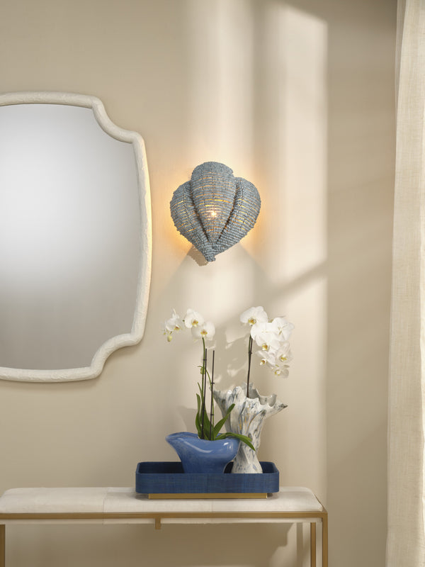 Jamie Young Co. Anguilla Handcrafted Blue Mango-Wood Bead Wall Sconce With Antique Brass Backplate, Coastal Glow 16.5"H x 14.5"W x 6.5"D 4ANGU-SCBL