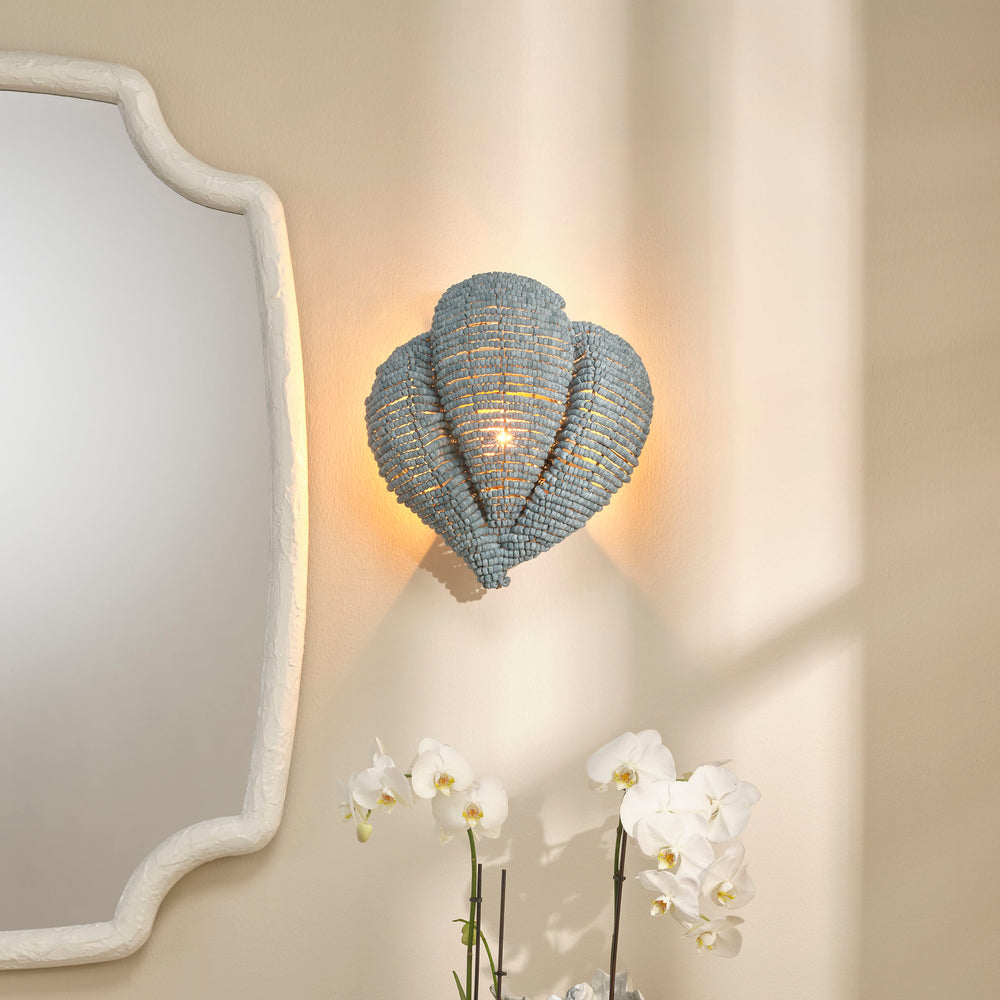 Jamie Young Co. Anguilla Handcrafted Blue Mango-Wood Bead Wall Sconce With Antique Brass Backplate, Coastal Glow 16.5"H x 14.5"W x 6.5"D 4ANGU-SCBL