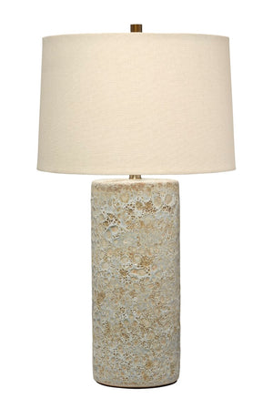 Jamie Young Co. Lava Volcanic Cream Ceramic Table Lamp With Linen Drum Shade, Handcrafted Stone-Look Base, Brass Accents 9LAVATLVC