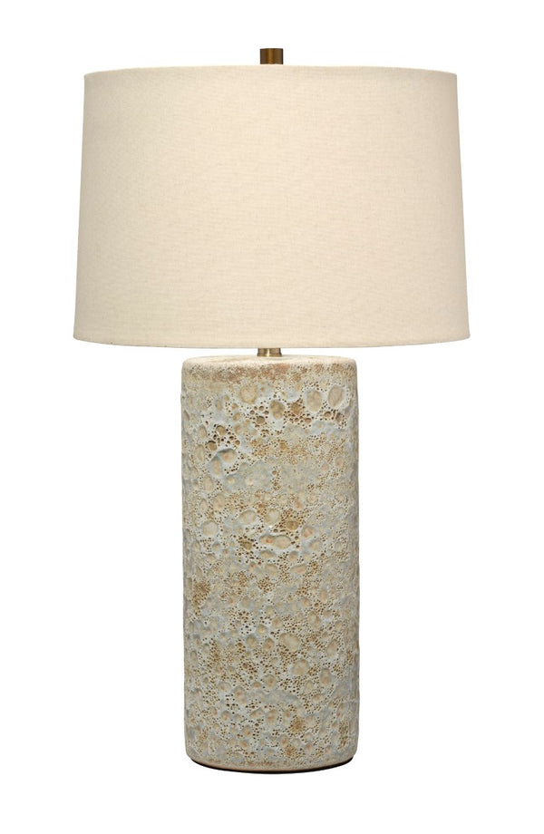 Jamie Young Co. Lava Volcanic Cream Ceramic Table Lamp With Linen Drum Shade, Handcrafted Stone-Look Base, Brass Accents 9LAVATLVC