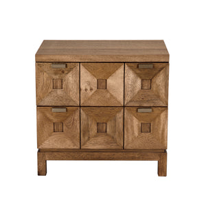 Musashi Sculptural 2 Drawer Walnut Veneer Cabinet with Brass Pulls for Bedroom or Entryway