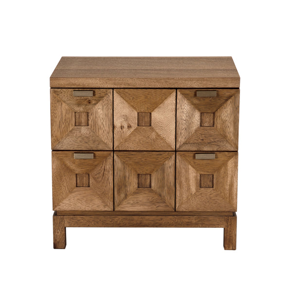 Musashi Sculptural 2 Drawer Walnut Veneer Cabinet with Brass Pulls for Bedroom or Entryway