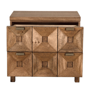 Musashi Sculptural 2 Drawer Walnut Veneer Cabinet with Brass Pulls for Bedroom or Entryway