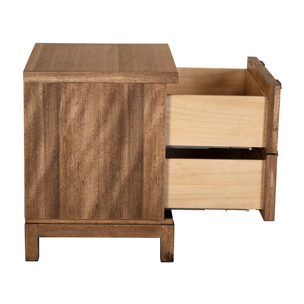 Musashi Sculptural 2 Drawer Walnut Veneer Cabinet with Brass Pulls for Bedroom or Entryway