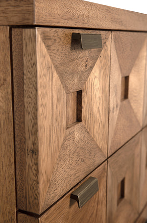Musashi Sculptural 2 Drawer Walnut Veneer Cabinet with Brass Pulls for Bedroom or Entryway