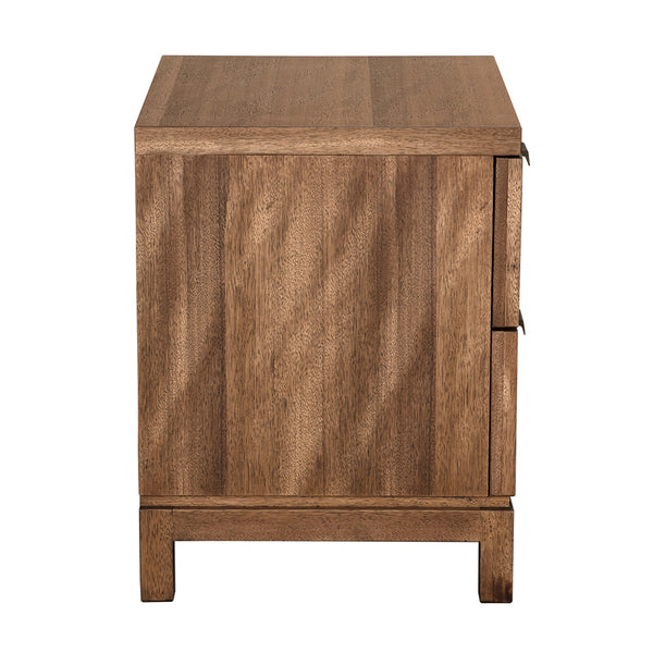 Musashi Sculptural 2 Drawer Walnut Veneer Cabinet with Brass Pulls for Bedroom or Entryway