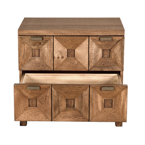 Musashi Sculptural 2 Drawer Walnut Veneer Cabinet with Brass Pulls for Bedroom or Entryway