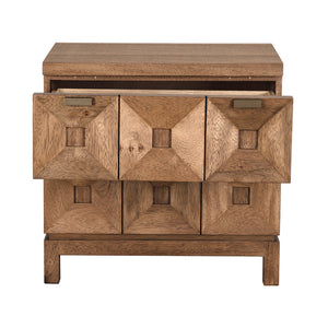 Musashi Sculptural 2 Drawer Walnut Veneer Cabinet with Brass Pulls for Bedroom or Entryway
