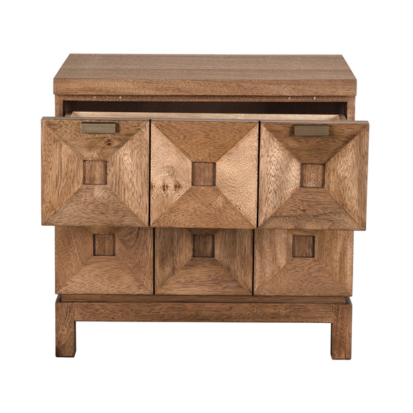 Musashi Sculptural 2 Drawer Walnut Veneer Cabinet with Brass Pulls for Bedroom or Entryway