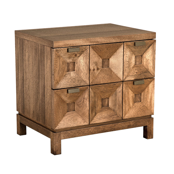 Musashi Sculptural 2 Drawer Walnut Veneer Cabinet with Brass Pulls for Bedroom or Entryway