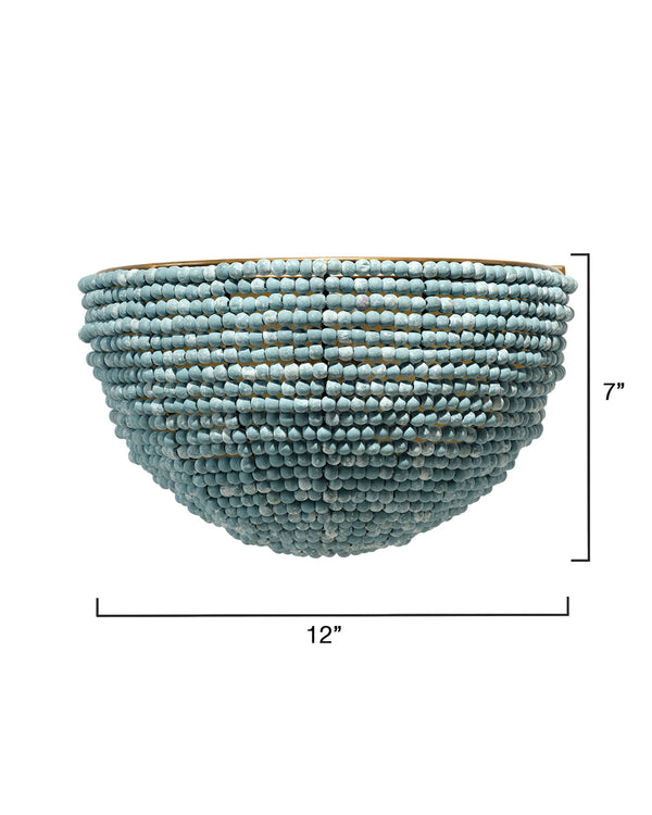Jamie Young Co. Barnacle Hand-Beaded Demi-Lune Wall Sconce In Blue Mango Wood With Antique Brass Accents, Warm Glow 4BARN-DEBL