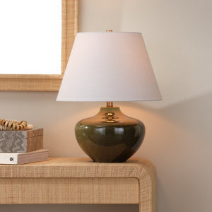 Jamie Young Co. Monroe Mid-Century Ceramic Table Lamp In Olive Green Reactive Glaze With Linen Shade & Brass Accents 9MONROETLOG
