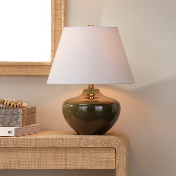 Jamie Young Co. Monroe Mid-Century Ceramic Table Lamp In Olive Green Reactive Glaze With Linen Shade & Brass Accents 9MONROETLOG