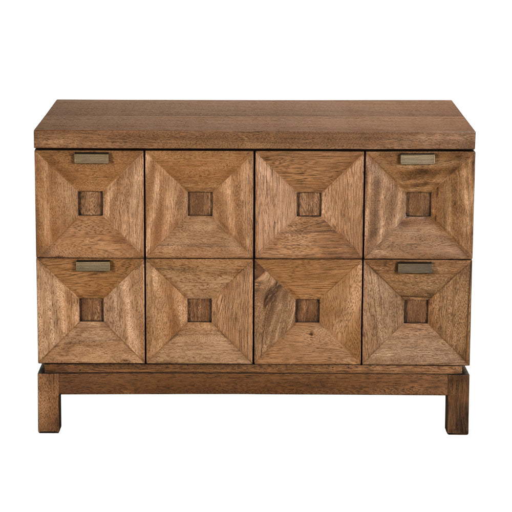 Musashi Sculptural 2 Drawer Walnut Veneer Cabinet with Brass Pulls for Bedroom or Entryway